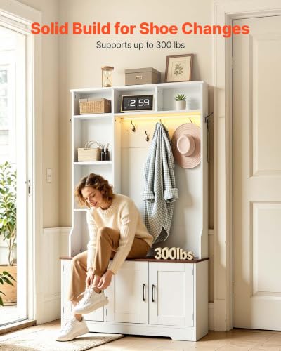 39-Inch Hall Tree with Bench and Shoe Storage, Entryway Coat Rack with LED Light