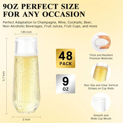 Goodluck 48-Pack 9oz Clear Stemless Champagne Flutes - Disposable Party Glasses
