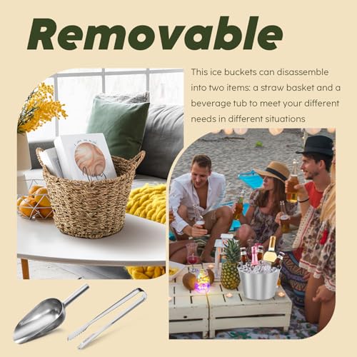 5 Quart Wicker Outer Ice Bucket with Scoop and Tongs for Parties & Barbecues