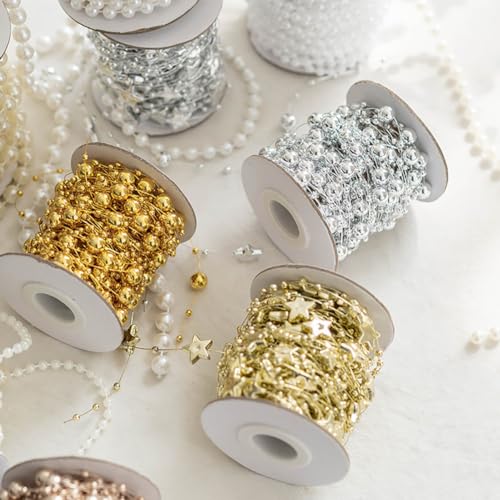 Silver Plastic Beaded Garland for Christmas Decorations, 10m Xmas Tree Beads