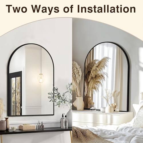 2-Pack 24x36 Arched Wall Mirror, Black Metal Frame Shatter-Proof Vanity Mirror