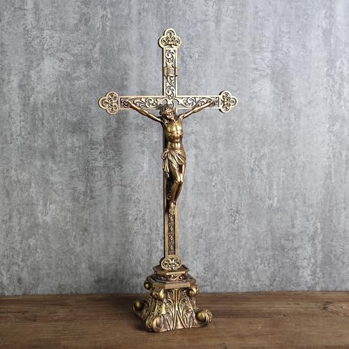 Standing Crucifix for Altar, 14.7-Inch Resin Tabletop Cross Decor