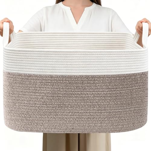 HZFTJOY 65L Cotton Rope Laundry Basket & Blanket Storage, 21"x16"x12"