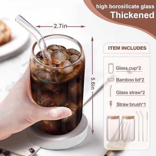 16 oz Glass Coffee Cups with Lids and Straws, Set of 2 Reusable Tumblers