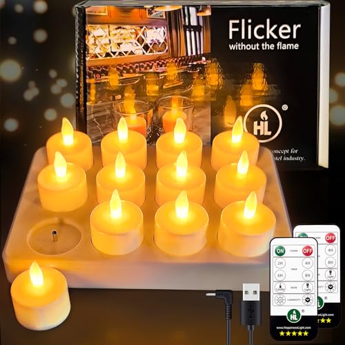 Yellow Rechargeable Tea Lights with Remote & Charging Base - 12pcs, 50+ Hour LED Flameless Candles for Wedding & Home Decor