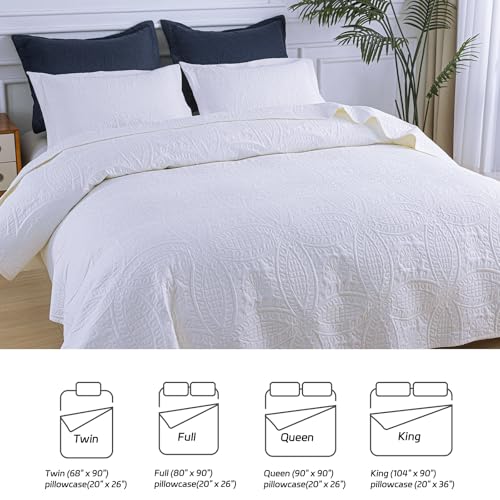 SheRest Queen Quilt Bedding Set - 3-Piece Lightweight White Coverlet