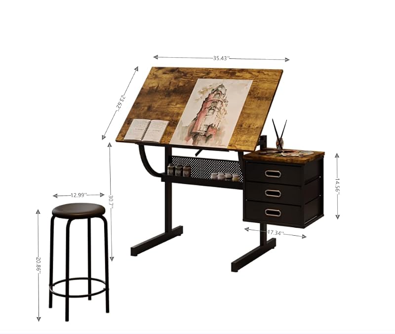 Adjustable Drafting Table with Stool - Tilting Art Desk with 3 Drawers