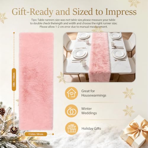 MAOFENG Pink Faux Fur Table Runner 59.1 Inch - Luxury Christmas Home Decor