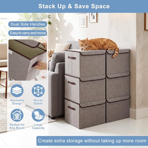 Collapsible Storage Bins with Lids 3-Pack Large Fabric Linen Boxes Gray