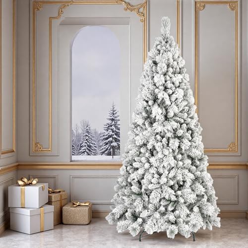 Trygoal 7FT White Flocked Artificial Christmas Tree with Tips & Metal Stand