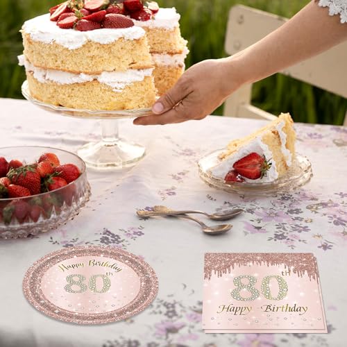 80th Birthday Decorations Rose Gold Party Supplies - 20 Plates & Napkins - Girl Women
