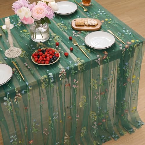 Horaldaily 60x84 Inch Green Embroidered Tablecloth Rectangular
