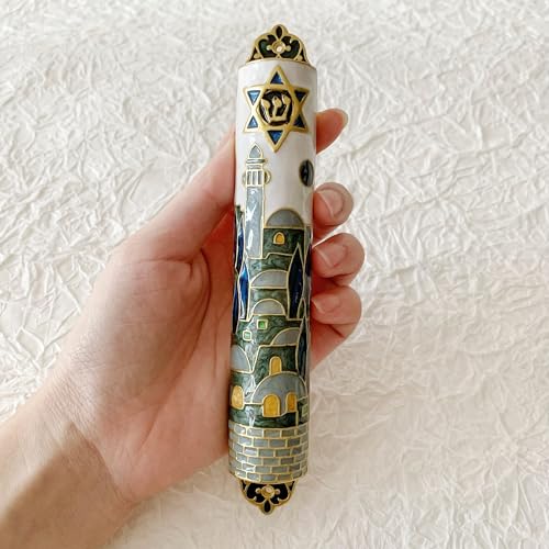 Hand-Painted Enamel Mezuzah Case with Star of David and Jerusalem Motifs