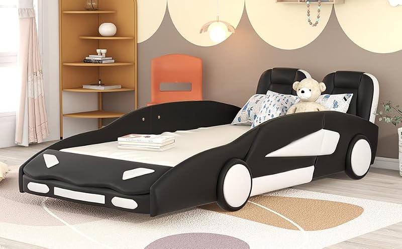 Race Car Twin Platform Bed with Wheels - Sturdy Wood Kids Bed Frame