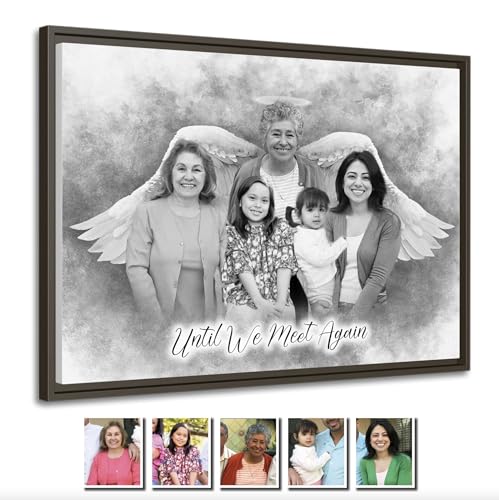 Personalized Memorial Pencil Portrait Canvas with Angel Wings - Family Photos Merge - Custom Tribute Gift - Variation 8