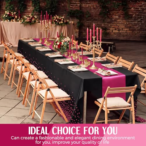 Breling 12 Pack Black and Hot Pink Tablecloths & Satin Runners Set – 54x108" Table Cover + 12x108" Runners