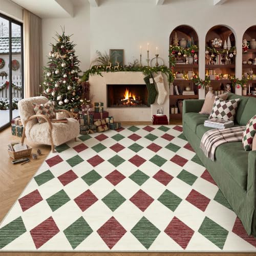 PureCozy Christmas Area Rug 8x10 Checkered Red Living Room Carpet Xmas Style
