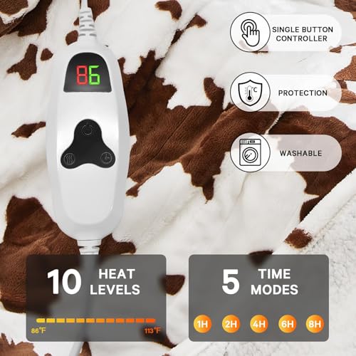 Highland Cow Heated Electric Throw Blanket, 50x60 Brown Sherpa Fleece