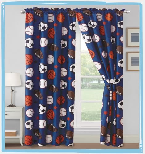 Sports Print Bedroom Curtain Set 4-Piece with Tie Backs, Blue