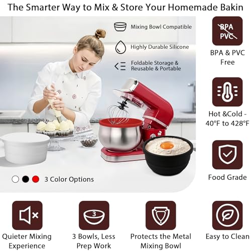 3-Piece Foldable Silicone Mixing Bowl Liners for 5QT Tilt-Head Stand Mixers