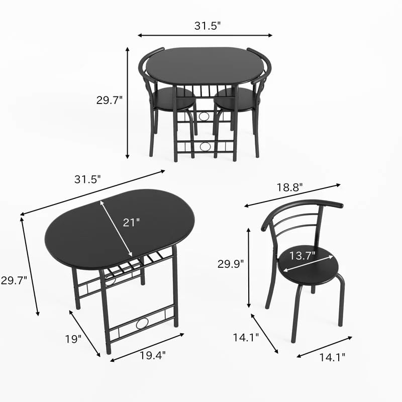 3-Piece Round Dining Table Set for 2 with Storage Shelf and Metal Frame