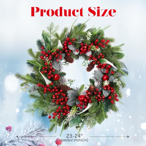 Montekin 24-Inch Christmas Wreath with Red Berries, Pinecones & Eucalyptus