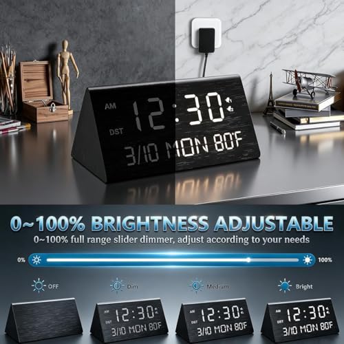 Wooden Digital Alarm Clock with Dual USB Charging Ports and Dimmable LED
