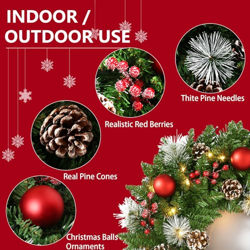 24 Inch Pre-Lit Artificial Christmas Wreath for Front Door, Door