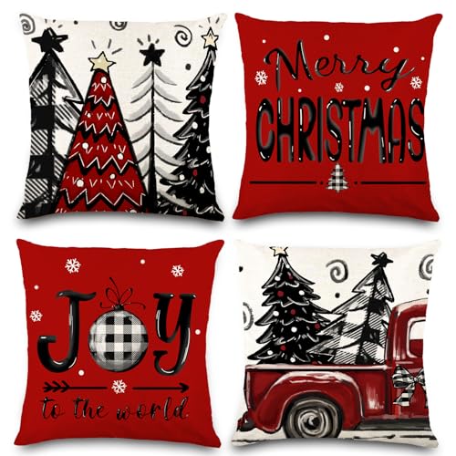 DIYDEC 4 Pack Christmas Pillow Covers 18x18 Inches Red Holiday Decor Set