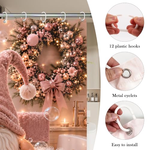 Romart Pink Christmas Gnome Shower Curtain 72x72 Inch - Holiday Bathroom Decor