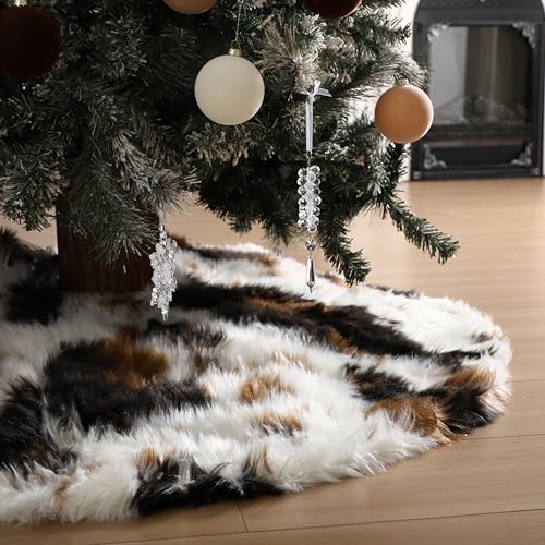 Halloscume 48 Inch Faux Fur Christmas Tree Skirt – Thick Western Cow Print, Open Design