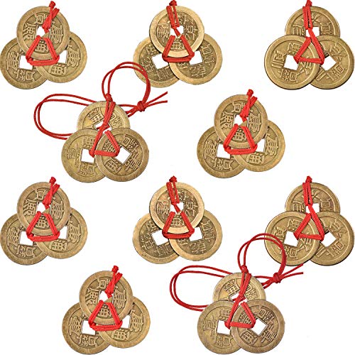 Chinese Fortune Coins with Red String - Feng Shui Good Luck Charms, 10 Pack