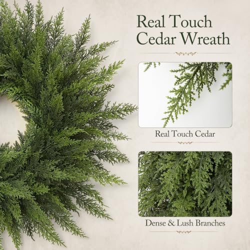 Worthyeah 24" Silver Cedar Christmas Wreath for Front Door - Lush Real-Touch Decor