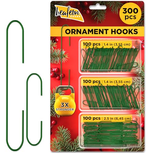 Green Christmas Ornament Hooks (300 Pack) - Reusable Metal Holiday Hangers