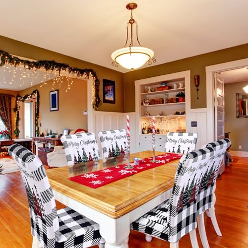 Moukeren 6 Pcs Christmas Chair Covers Buffalo Plaid Trees,Black and