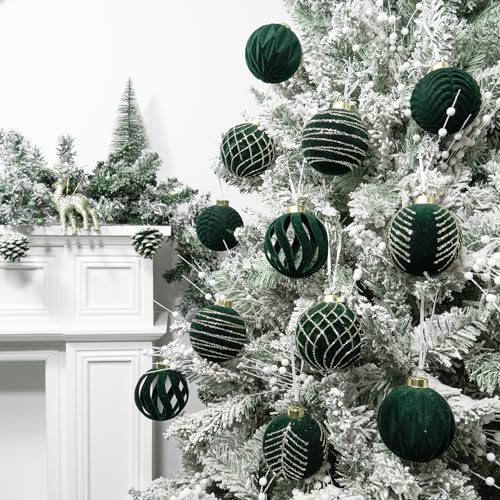 Hismir Dark Green Velvet Christmas Tree Ornaments Bulk 12 Pcs 3.15 Inch Flocked Balls