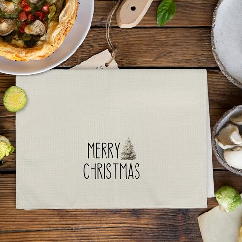Snow Tree Kitchen Towels Set of 2 16x24 in - Rustic Beige Christmas Dish Hand Towels