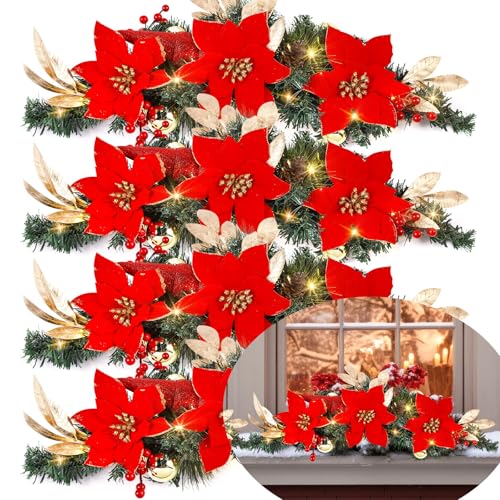 30-Inch Pre-Lit Christmas Window Swags with Red Poinsettias - 4 Pack