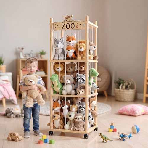 56-Inch Wooden Stuffed Animal Storage Zoo Tower - Mobile Toy Organizer