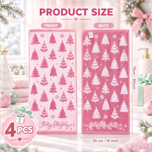 Moukeren Pink Christmas Tree Bathroom Set with Rugs & Hand Towels - Non-Slip, Absorbent Holiday Decor