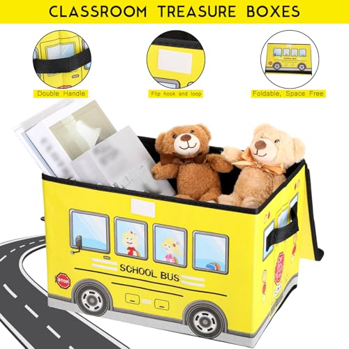 2 Pcs School Bus Toy Storage Chest with Lid - Foldable Classroom Prize Box