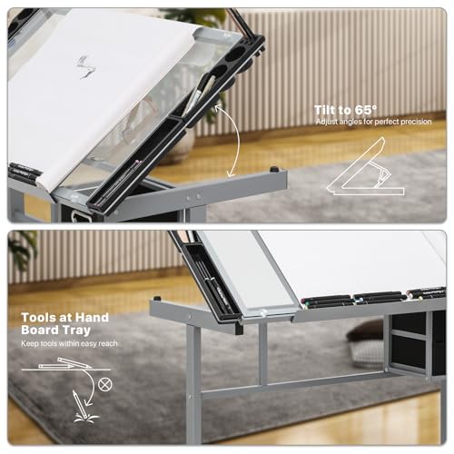 Adjustable Tilting Glass Drafting Table with Storage Drawers & Trays