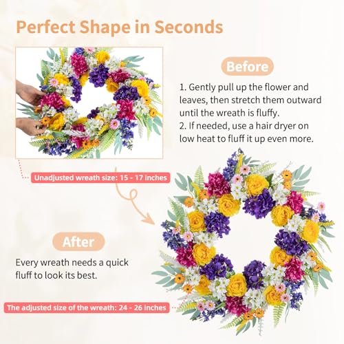 26 Inch Artificial Spring and Summer Wreath for Front Door with Hanger