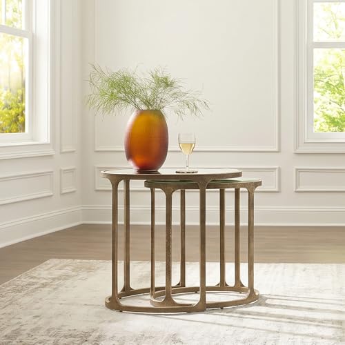 Oval Nesting Accent Table Set of 2, Gold Metal Frame with Beveled Mirror Tops