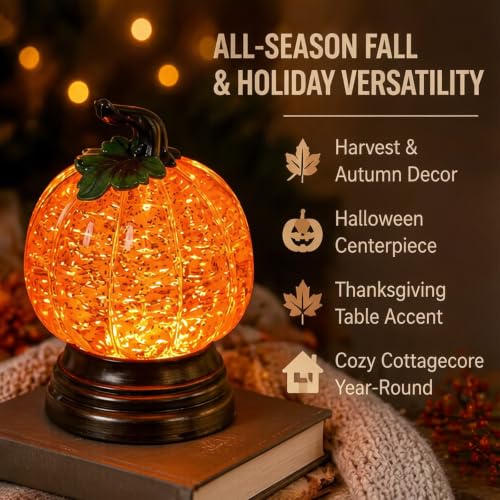 Lighted Pumpkin Snow Globe with LED Glow and Glitter, 6.25-inch