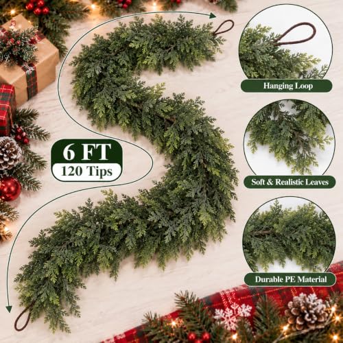 Anytin 6 FT Real Touch Artificial Cedar Christmas Garland for Mantel, Rustic Holiday Decor