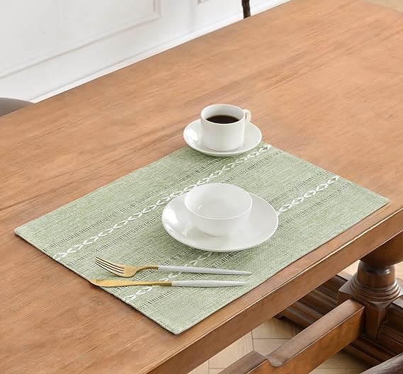 Sage Green Cotton Linen Placemats Set of 6, 12x18 Inch Embroidered Table Mats