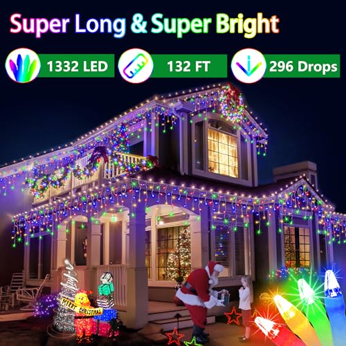 WUXYIYANG 132ft LED Christmas Lights 1332 LEDs, 296 Drops, 12 Modes, Multicolor