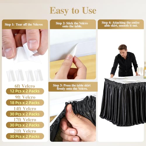 6ft Black Satin Table Skirt, Wrinkle-Free Pleated Spandex for Party Decor