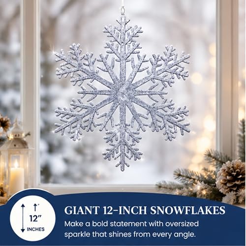 15-Pack Silver Glitter Snowflake Ornaments 12 Inch Large Holiday Decorations